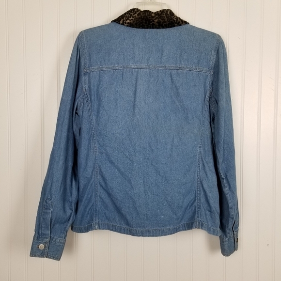 Vintage Denim Faux Fur Collar Cheetah Shirt Jacket Womens Medium Chambray Zipper - Picture 3 of 12